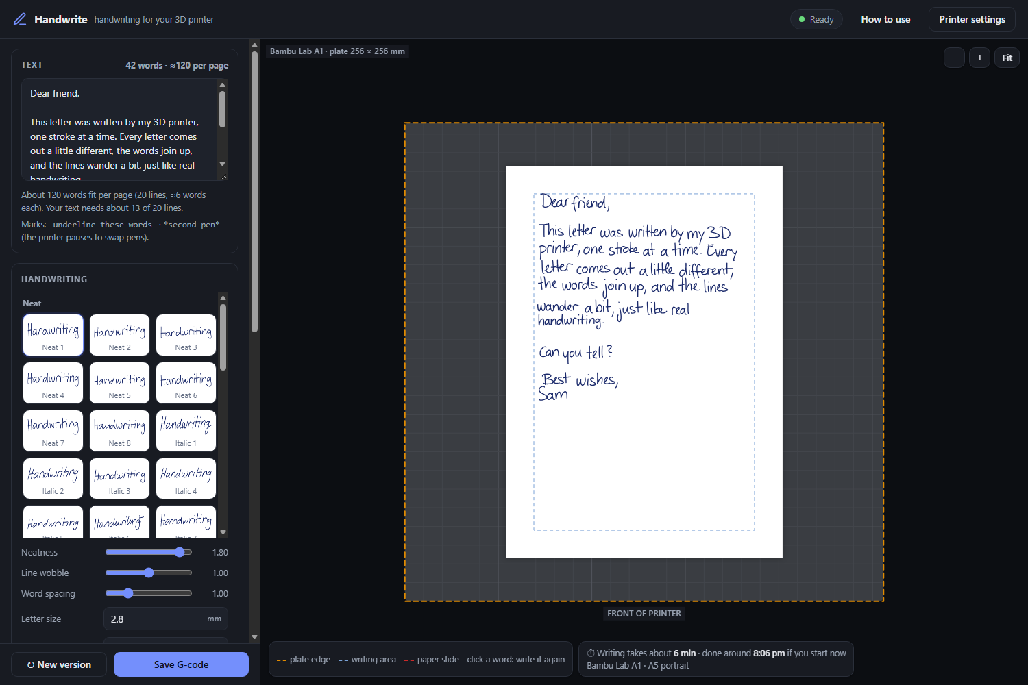 The Handwrite app: text box, handwriting styles and sliders on the left, the build-plate preview with the written page on the right